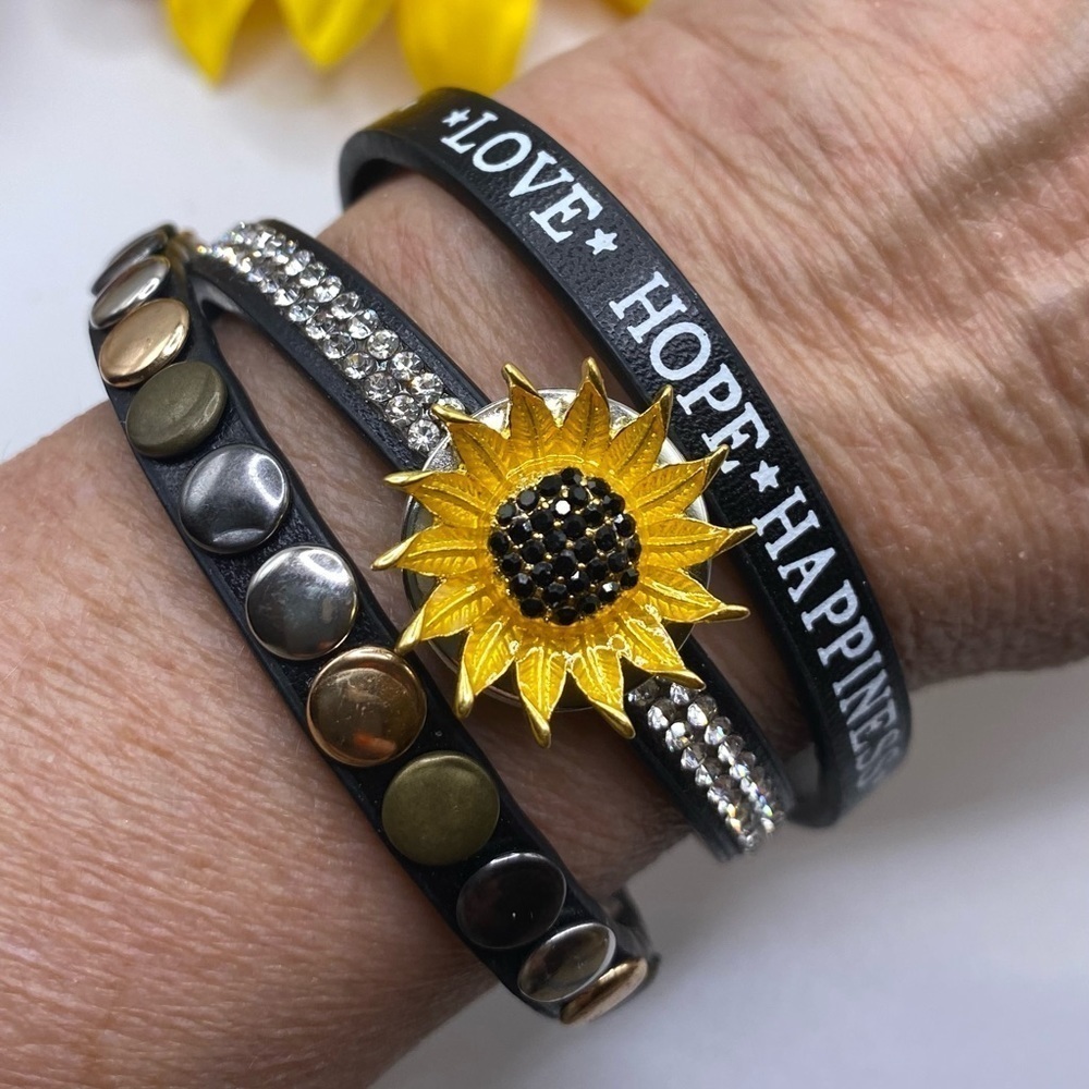 Love, Hope, Happiness Black Leather Bracelet with Sparkling Sunflower Snap! 🌻
